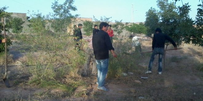 هرس درختان بوستا روستای خانیک توسط بسیجیان